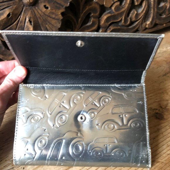 Braccialini Metallic Silver Embossed Cars Leather Trifold Checkbook Wallet - Picture 9 of 16
